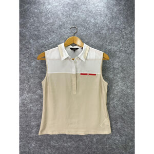 Ted Baker Shirt Womens Size 4 White Beige Sleeveless Button Polo Top Summer